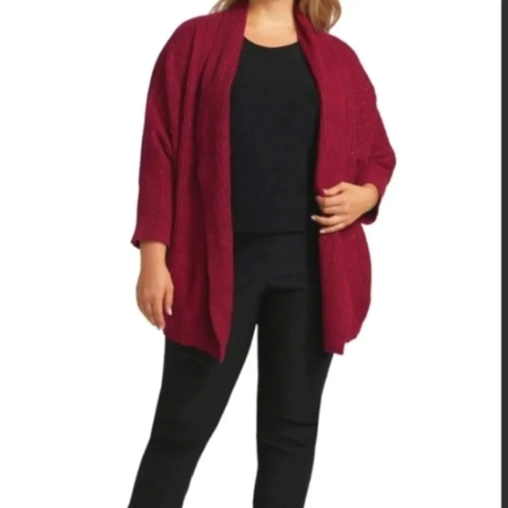 NIC+ZOE cardigan pomegranate red chunky knit knee leghnth size Medium
